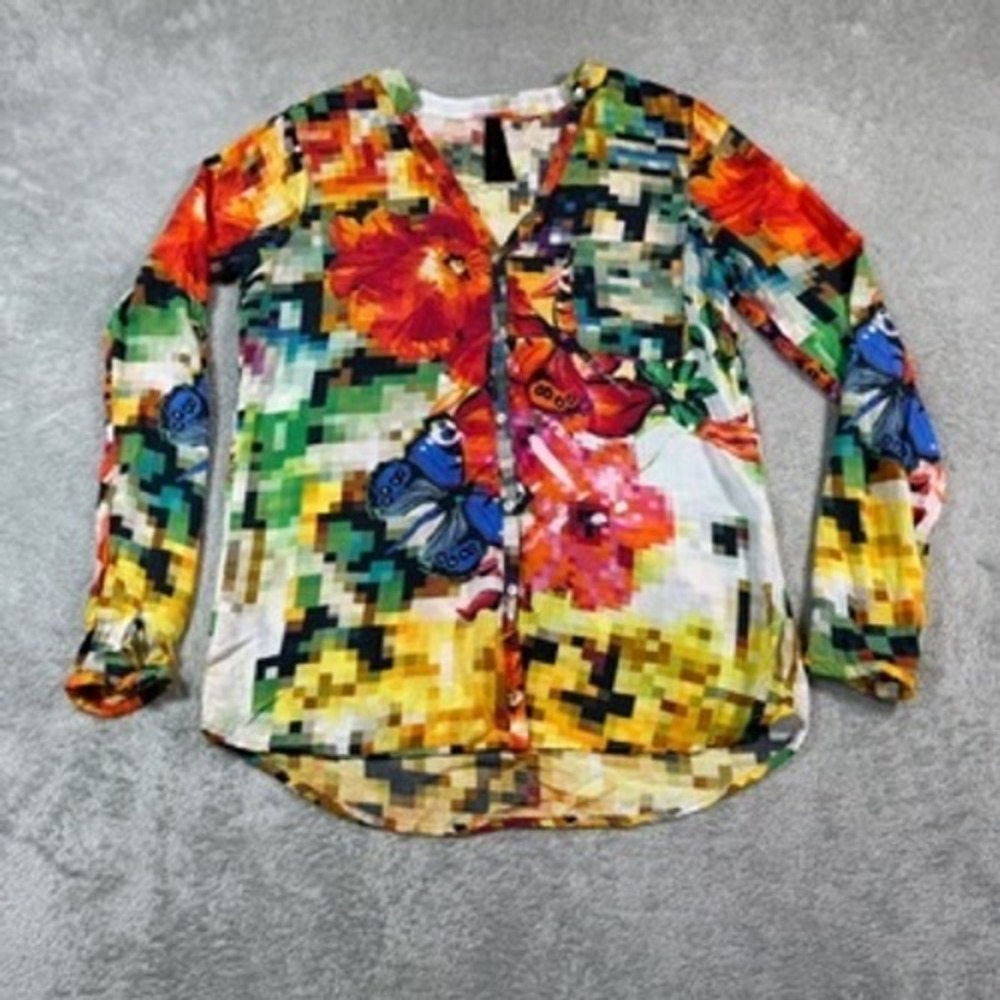 Desigual Camila Tunic Top Womens‎ XS Multicolor Butterfly Floral LS Button Up